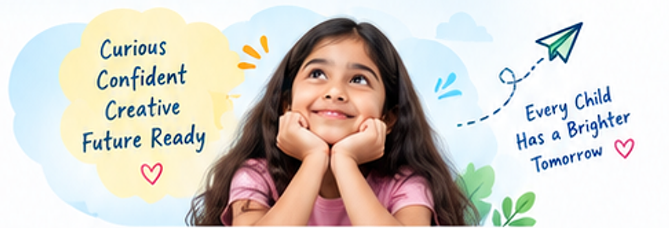 A smiling girl daydreaming beside the words Curious, Confident, Creative, Future Ready