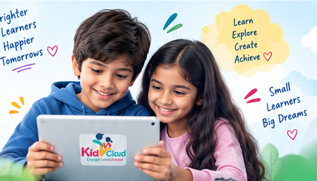 A boy and a girl smiling while learning together on a KidzCloud tablet