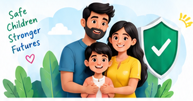 A happy family beside a green safety shield — Safe Children, Stronger Futures